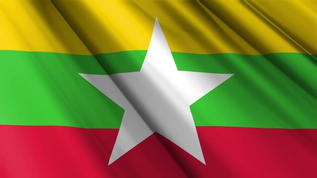 Close up realistic texture textile silk satin flag of Myanmar waving fluttering background. National symbol of the country. 4th of January, Happy Day concept. 3D animation 1080p Full HD