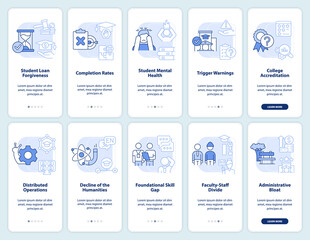 University problems light blue onboarding mobile app screen set. Walkthrough 5 steps editable graphic instructions with linear concepts. UI, UX, GUI template. Myriad Pro-Bold, Regular fonts used