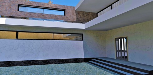 Modern finishing of an advanced house. White marble goes well with old brick. 3d render. Relevant for designers exploring trends in home design and construction.