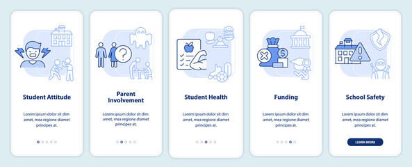 Problems in public schools light blue onboarding mobile app screen. Walkthrough 5 steps editable graphic instructions with linear concepts. UI, UX, GUI template. Myriad Pro-Bold, Regular fonts used