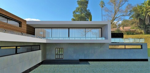 Balcony above the entrance to a luxurious high-tech house. Finishing walls made of concrete and facade boards. Clear day and blue sky. 3d render.