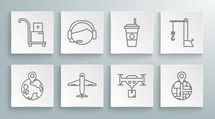 Set line Worldwide, Support operator in touch, Plane, Delivery drone with the package, Coffee cup, Harbor crane and Hand truck and boxes icon. Vector