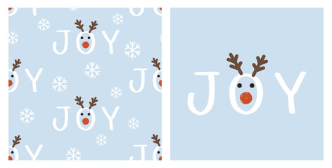 Christmas seamless pattern with hand written font, snowflakes and reindeer face on blue background vector illustration.