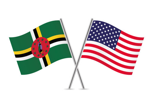 Dominica and America crossed flags. Dominican and American flags on white background. Vector icon set. Vector illustration.