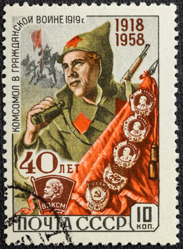 USSR - CIRCA 1958: A stamp printed by USSR, shows The Komsomol in the Civil war, circa 1958