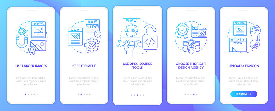 Professional looking website design blue gradient onboarding mobile app screen. Walkthrough 5 steps graphic instructions with linear concepts. UI, UX, GUI template. Myriad Pro-Bold, Regular fonts used