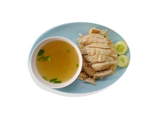 Khao Mun kai, Thai food, rice steamed with chicken and soup. isolated on white background with clipping path. top view