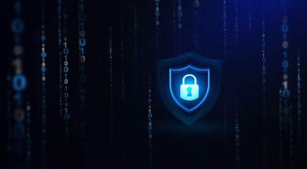  Digital data protect. Cyber data. iIluminated Padlock icon on blue background.Information Privacy. 