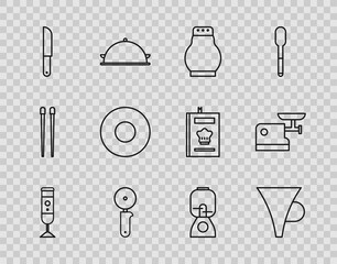 Set line Blender, Funnel or filter, Salt and pepper, Pizza knife, Knife, Plate, and Kitchen meat grinder icon. Vector