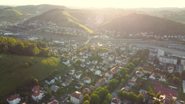 Aerial sunny view on residential houses and hills in Maribor, Slovenia.