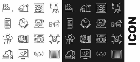 Set line Printed circuit board PCB, Smart home, Global technology or social network, Robot vacuum cleaner, Computer api interface, Factory conveyor system belt and icon. Vector