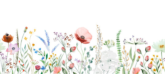 Seamless border made of watercolor wildflowers and leaves, wedding and greeting illustration - obrazy, fototapety, plakaty