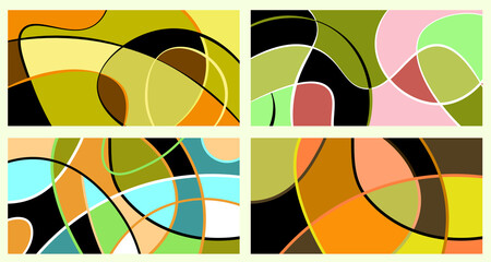 Abstract neurography. A set of 4 templates. Wavy stripes divide the plane into sectors. Neurographic design. Abstract bright pattern for cover, background, wallpaper.