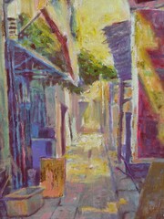 Painting of building . cityscape. oil on canvas. artwork. art