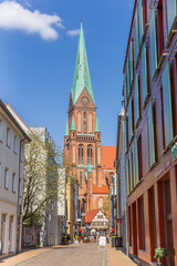Street leading to the historic Dom church in Schwerin, Germany