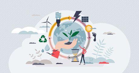 Environment conservation and earth ecology awareness tiny person concept. Global nature protection with recycling, green energy, alternative power source and saving water balance vector illustration.