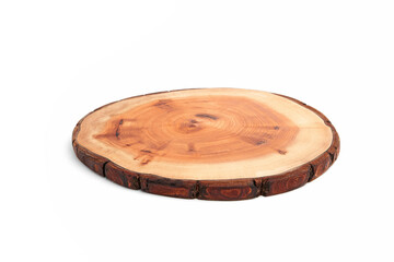 Wooden stand for a dish isolated on a white background. Tree trunk cut for product presentation demonstration