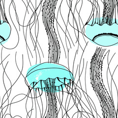 Seamless marine pattern with medusas. Ocean background. Vector art texture
