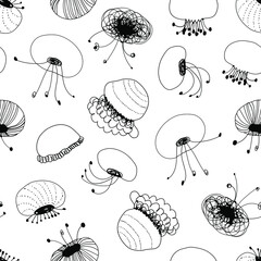 Seamless marine pattern with medusas. Ocean background. Vector graphic texture