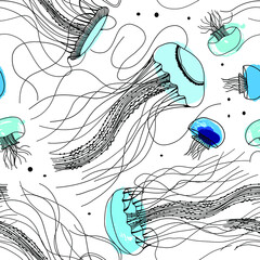Seamless marine pattern with medusas. Ocean background. Vector drawn texture