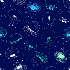 Seamless marine pattern with medusas. Ocean background. Vector graphic texture