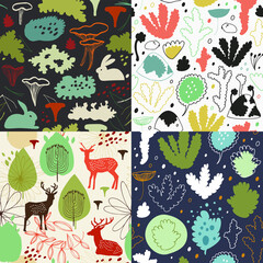 Seamless nordic floral patterns with chanterelle mushrooms, reindeer moss, lichens, needles, deers. Nordic nature background set