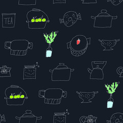 Seamless vector pattern with dishes, kitchen utensils, kitchenware, cooking utensils with colors details