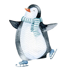 Watercolor penguin, penguin skating, cute penguin © Anna