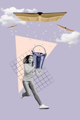 Creative collage of trouble school child catch falling rain drops from damage textbook isolated sky...