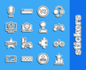 Set line Star, Gamepad, VS Versus battle, Create account screen, Microphone and Joystick for arcade machine icon. Vector