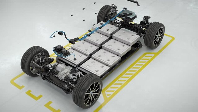 Technical turntable animation of an electric vehicle chassis with battery pack in exploded view. Realistic high quality 3d animation. Looping