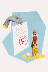 Photo cartoon comics sketch picture of miniature lady getting bad f minus mark isolated colorful...