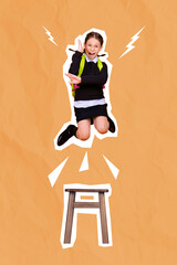 Collage 3d image of pinup pop retro sketch of happy smiling girl jumping chair rising arm isolated painting background