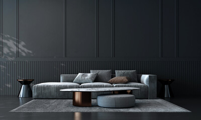 Modern cozy living room and black empty wall texture background interior design / 3D rendering
