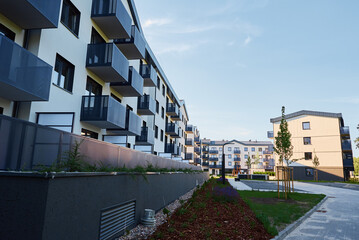 European modern apartment residential area, Urban landscape in city, Facade of residential building
