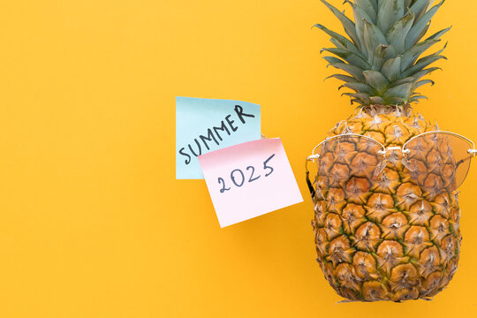 Funny pineapple with sunglasses and word summer 2025 on yellow background