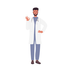 Man doctor shows ok gesture. Medical hospital worker, clinical consultant vector illustration