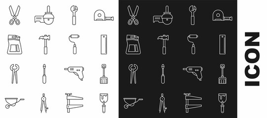Set line Putty knife, Snow shovel, Ruler, Adjustable wrench, Claw hammer, Cement bag, Scissors and Paint roller brush icon. Vector