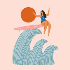 Vector illustration with woman riding blue ocean wave on pink surfboard. Summer surfing apparel print design - obrazy, fototapety, plakaty