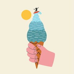 Vector illustration with ice cream cone as ocean with waves and surfboarder silhouette riding on surfboard with sun on background. Trendy funny apparel print design, home decoration poster template - 515157365