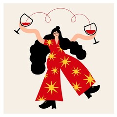 Vector illustration with long hair woman with glasses of red wine. Trendy poster with dancing girl in red costume with stars, apparel print design, sticker template - 515157382