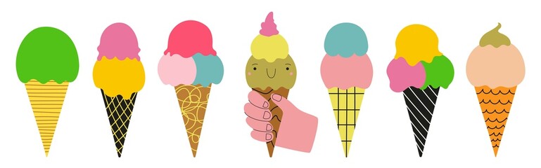 Vector set of cute hand drawn style ice cream cones. Hand holding colored ice cream with smiling face. Home and cafe decoration poster, summer sweet food sticker collection, apparel print design