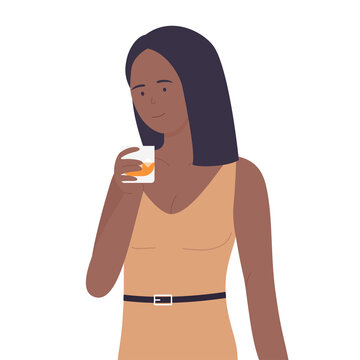 African girl holding whiskey glass. Beverage consuming, cocktails with ice vector illustration