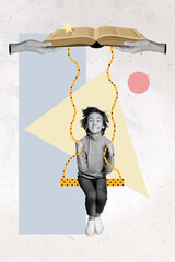 Creative collage of happy clever school child swing rope support two rope textbook isolated surreal...