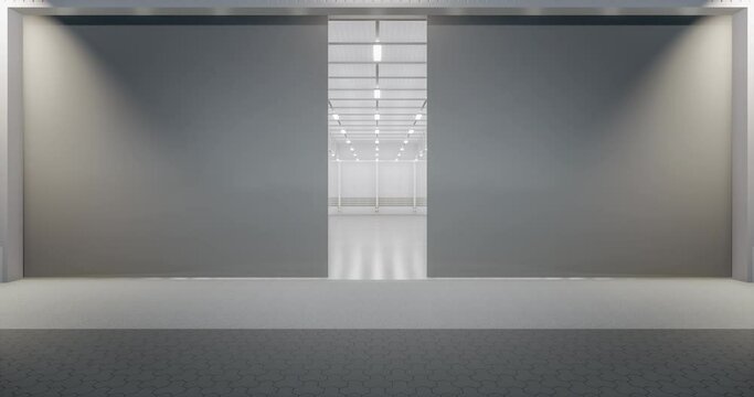 3d rendering of commercial building design with opening slinding door at night. May called airplane hangar, modern factory, warehouse. Include empty space, concrete floor for industrial background.
