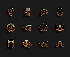 Set line Book, Planet earth and radiation, Light bulb with lightning, Square root of x glyph, Molecule, 4, Radioactive location and Virus icon. Vector