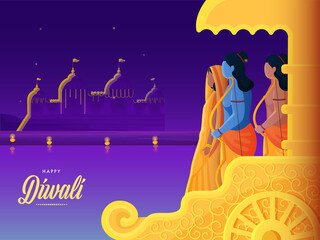Happy Diwali Celebration Concept, Lord Rama With His Wife (Sita), Brother (Lakshman) On Purple Ayodhya Background.