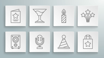 Set line Stereo speaker, Cocktail, Microphone, Party hat, Paper shopping bag, Birthday cake candles, Firework and Greeting card icon. Vector