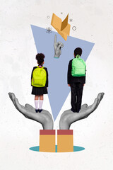 Poster sketch collage of two school child stand on huge hands wait gain new material from flying...