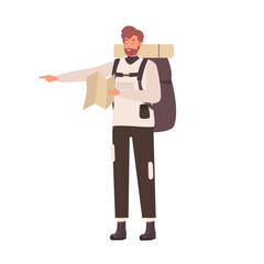 Male tourist showing direction with map. Hiking man with backpack vector illustration